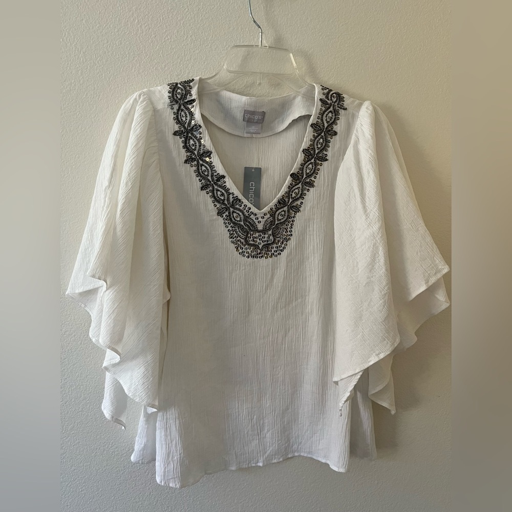 Chico’s White Gauze Flutter Sleeve Sequined Design Size Small 4 New With Tags